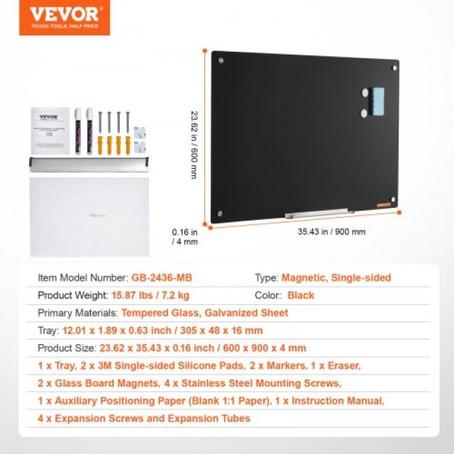 Μαγνητικός Πίνακας Γυαλιού VEVOR 36x24, Μαύρος  CXGCBLBGHBL3VB8RKV0