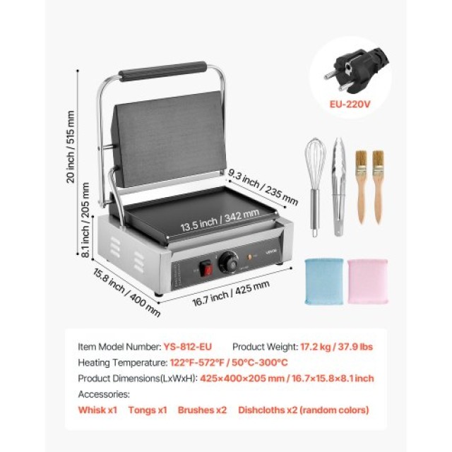 VEVOR Επαγγελματική Πρέσα Πανίνι, 2200W, Ανοξείδωτη, Ρύθμιση Θερμοκ...