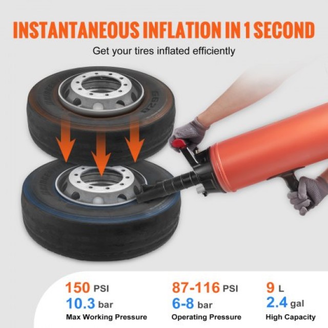 Φορητός Φουσκωτής Ελαστικών VEVOR 2.4 Gal/9 L, 150 PSI για Αυτοκίνητα και Τρακτέρ  LTBCQ9L145PSI37Y1V0
