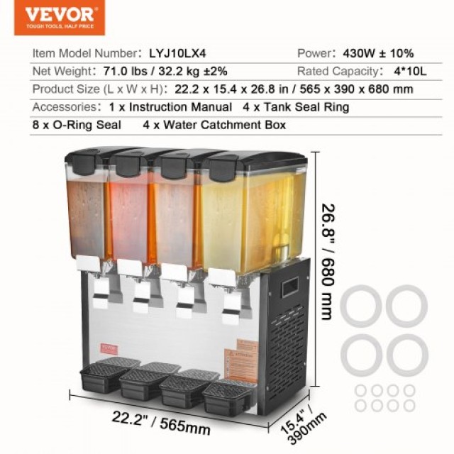VEVOR  Εμπορικός Διανομέας Ποτών 10L x 4 Δεξαμενές Κρύου Χυμού SYYLJJBSJXS1VGEIJV2