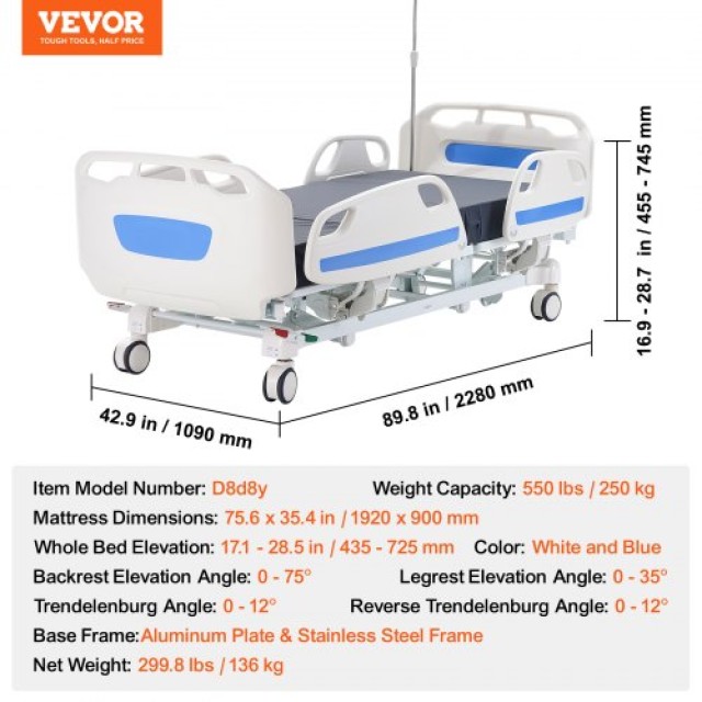 VEVOR Premium Ηλεκτρικό Νοσοκομειακό Κρεβάτι 5 Λειτουργιών 550LBS  ...
