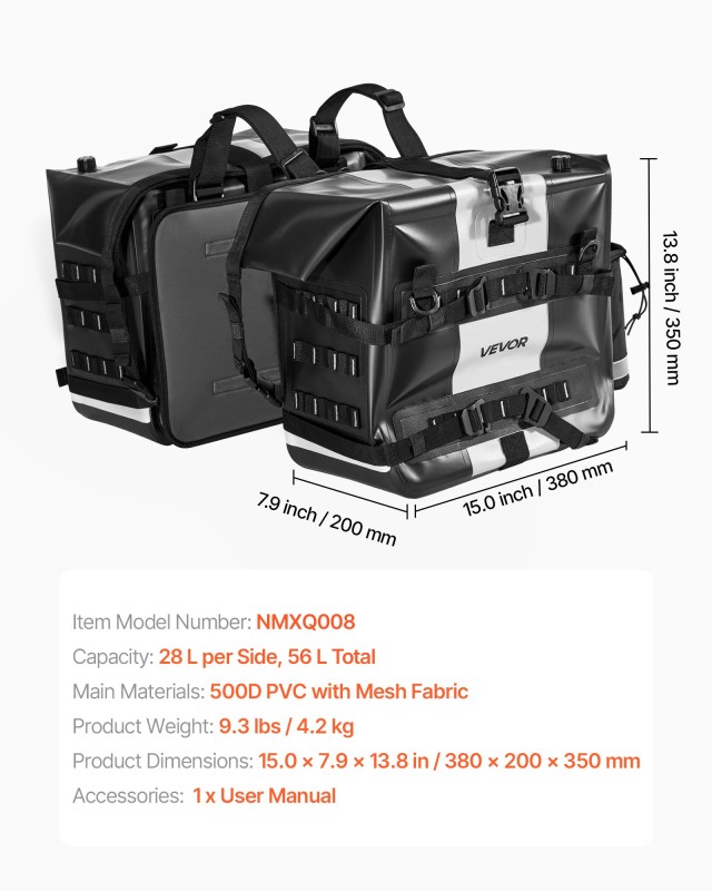 VEVOR Πλευρική Τσάντα Μοτοσυκλέτας 56L, Αδιάβροχη με Αποσπώμενη Εσω...