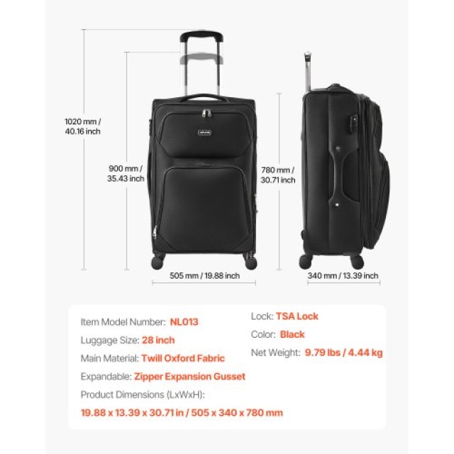 VEVOR Μαύρη Βαλίτσα 71cm με Ρόδες Σπίνερ BYKSTXBYHS2881CTJ001V0