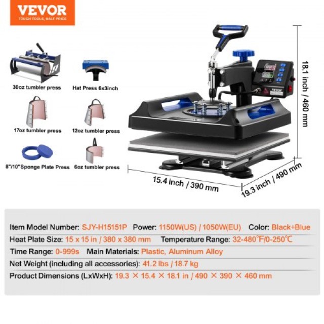 VEVOR Πολυμηχάνημα Θερμομεταφοράς 8 σε 1 15x15 ιντσών για Μπλουζάκια και Κύπελλα  YTS30OZ151581BP9GV2