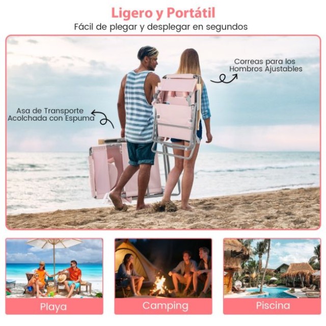 Costway Πτυσσόμενη Ροζ Καρέκλα Παραλίας με Υποπόδιο και Μαξιλάρι NP...