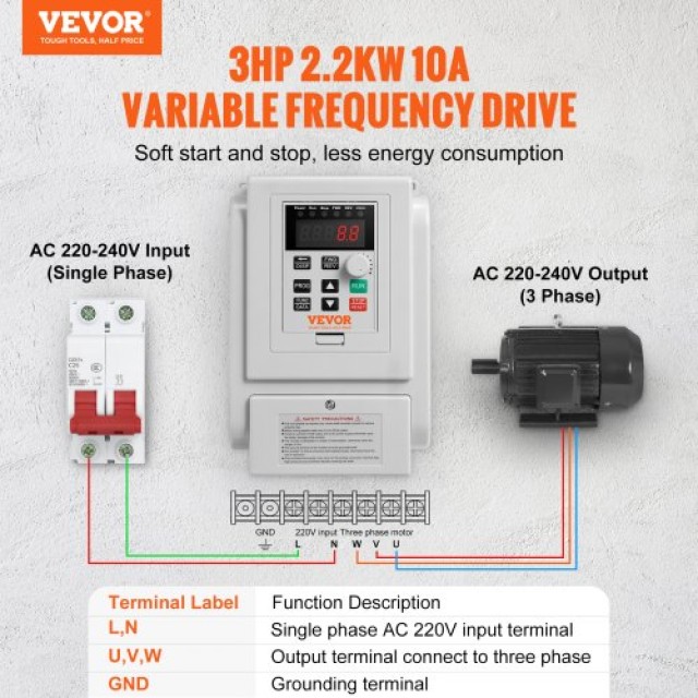VEVOR VFD 2.2KW 10A 3HP Μετατροπέας Συχνότητας για Έλεγχο Ταχύτητας...
