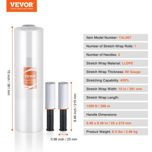 VEVOR Διάφανη Μεμβράνη Συσκευασίας 15x1200, 80 Gauge, με Λαβές  LSM15INCH1206H0IHV0