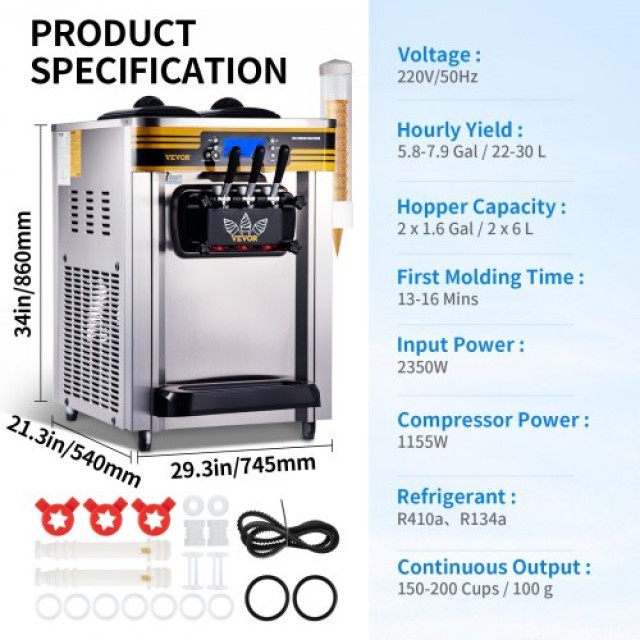 Επαγγελματική Παγωτομηχανή VEVOR, 22-30L/H, 2350W, Ασημί  S2230LHR2220V933VV2