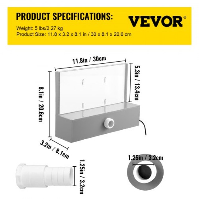 VEVOR Καταρράκτης Πισίνας με LED Φωτισμό 30x8x20cm, Ακρυλικός Καταρράκτης για Κήπο, Πισίνα, Πλατείες  SLPBPQAW300LG0001V2