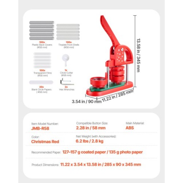 VEVOR Μηχανή Κατασκευής Καρφίτσας, Πλαστική, 58 mm, 100 Τμχ, Κόκκιν...