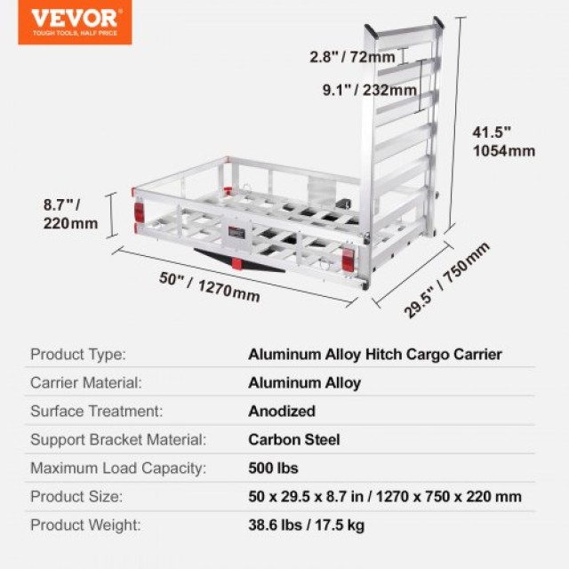 VEVOR Φορτωτής Ρυμούλκησης με Ράμπα, 500lbs, 50x29.5x8.7, Αλουμινίου, για 2 Υποδοχή  CHXLK47286500HPGUV0