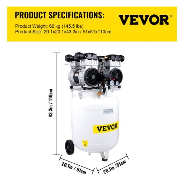 VEVOR  Κάθετος Αεροσυμπιεστής 90L, 3HP, 2200W, 115PSI, 14.3CFM, 1440RPM, Αθόρυβος, Φορητός K90L2200W220VAH5GV2