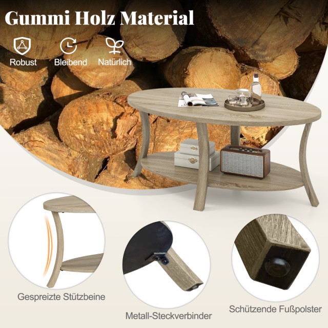 Costway Οβάλ Τραπεζάκι Σαλονιού με Ράφι Διόροφη Τραπέζι Καφέ Βελανι...