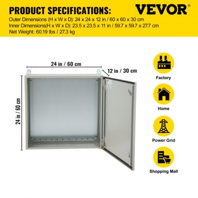 Ηλεκτρικό Περίβλημα VEVOR 24 x 24 x 12, NEMA 4, IP65, Αδιάβροχο & Ανθεκτικό στη Σκόνη, από Χάλυβα, για Εξωτερική & Εσωτερική Χρήση  TUL60X60X30CMB2JPV0