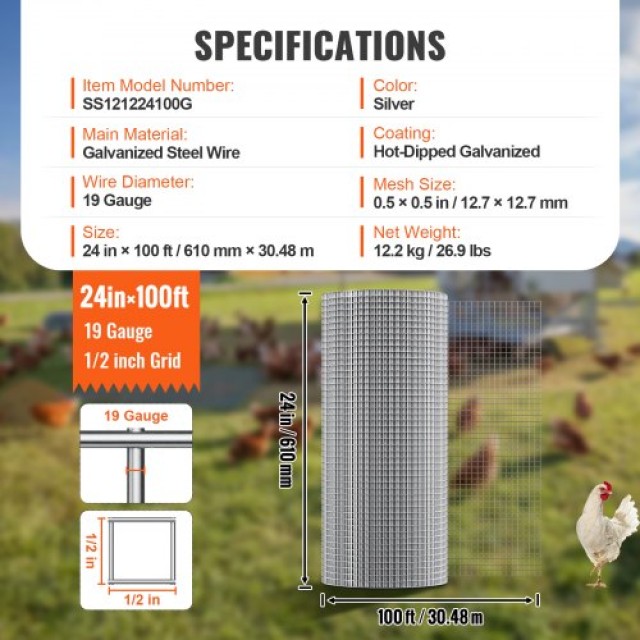 VEVOR Πλέγμα Σύρματος 1/2, 24x100, 19 Gauge, Γαλβανισμένο, Κοτετσόσυρμα, Κλουβιά Κουνελιών, Κήπος  DXGSWL24IN10QAYFCV0
