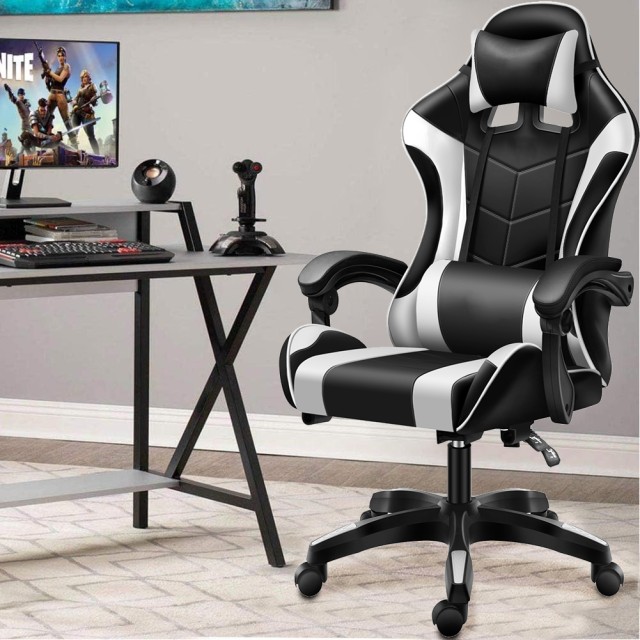 BAKAJI  Μαύρη και Λευκή Καρέκλα Gaming με Μαξιλάρι Στήριξης Κεφαλής και Οσφυϊκής Περιοχής Καρέκλα Γραφείου  02841596