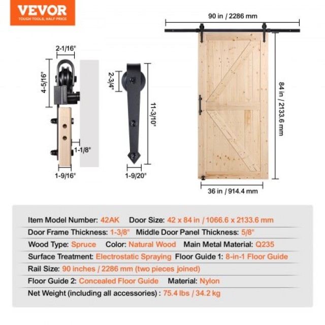 Σετ Ξύλινης Συρόμενης Πόρτας VEVOR 30 x 42  MZGCMTZYS428ATCGPV0