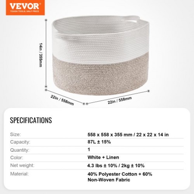 VEVOR  Καλάθι Αποθήκευσης Βαμβακερό 87L 20x20x14 ιν.  MZCWLYZTL22W2SO26V0