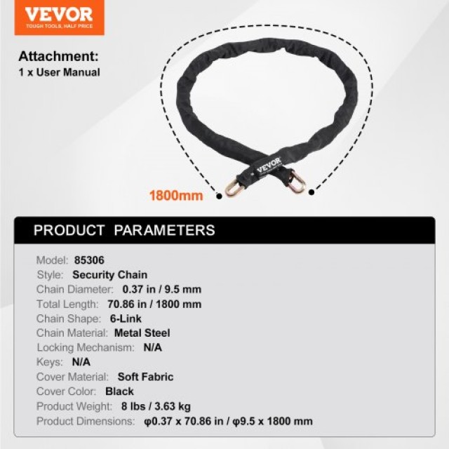 VEVOR  Αλυσίδα Κλειδώματος Ποδηλάτου 1.8μ, Πάχος 9.5mm, Μαύρο ZXCLSAQLT95MUDFM0V0