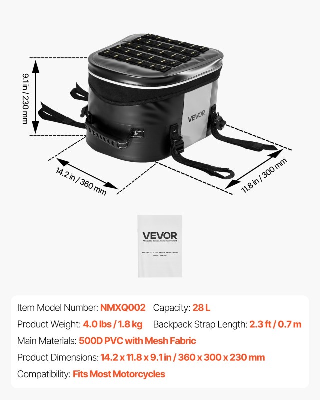 VEVOR Τσάντα Πίσω Καθίσματος Μηχανής 28L από Αδιάβροχο Υλικό, Διαστ...