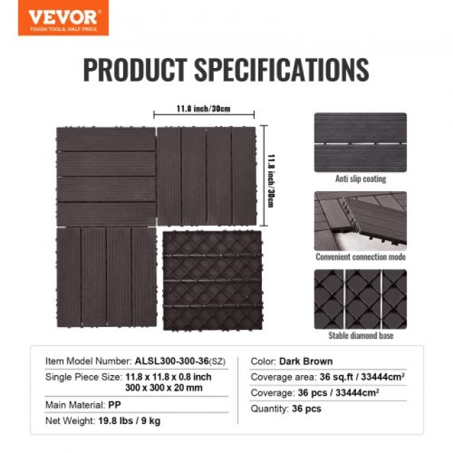 VEVOR  Σετ 36 Αδιάβροχων Πλακιδίων Δαπέδου 12x12 για Βεράντα Σκούρο Καφέ HDDBSL4TBTSZO4PBXV0