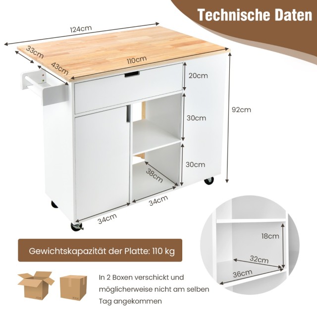 Costway Πολυλειτουργικό Καρότσι Κουζίνας 124 x 76 x 92 cm  με Επεκτάσιμη Επιφάνεια και Αποθηκευτικούς Χώρους KC55460WH+