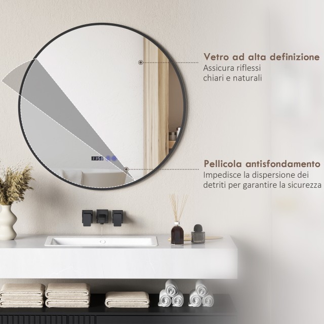 HOMCOM  Καθρέφτης Μπάνιου με Ρυθμιζόμενο Φωτισμό LED, Αντιθαμβωτική Λειτουργία και Οθόνη Χρόνου και Θερμοκρασίας, Ø70 cm, Μαύρο  834-809V00BK