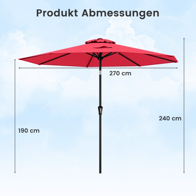 Costway Κόκκινη Ομπρέλα Κήπου Ø270 cm με Μανιβέλα και Ρυθμιζόμενο Ά...