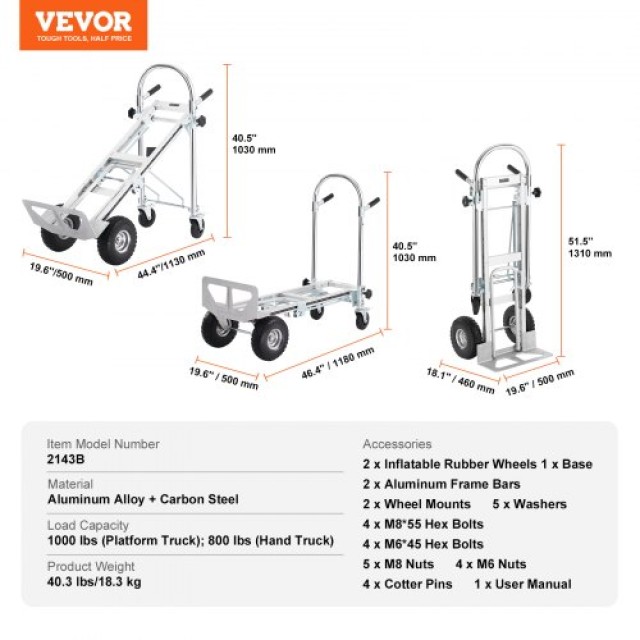 VEVOR  Αλουμινένιο Καρότσι 4 σε 1, 1000 lbs, Βιομηχανικό Μετατρέψιμο Καρότσι με Λαστιχένιες Ρόδες DGNSTHC1000B0NYPXV0