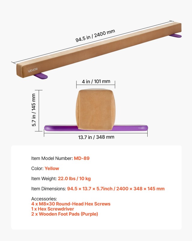 VEVOR Επίπεδη Δοκός Ισορροπίας 8FT (240cm), Κίτρινη BKSJPHM8FT4IC4R...