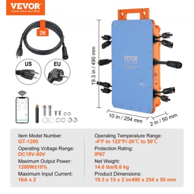 VEVOR Ηλιακός Μικρομετατροπέας Δικτύου 1200W Αδιάβροχος IP67 με APP WIFI  IP67WXBWNBQ1T6BL4V2