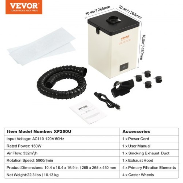 VEVOR 150W Απορροφητήρας Καπνού Κολλήσεων 3 Σταδίων 332 m³/h Ισχυρή Αναρρόφηση  PYJ150WLDS002A4K5V2