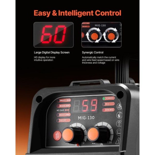 VEVOR Συγκολλητής MIG 130Amp 3-σε-1 Flux Core MIG/Stick/Lift TIG MI...