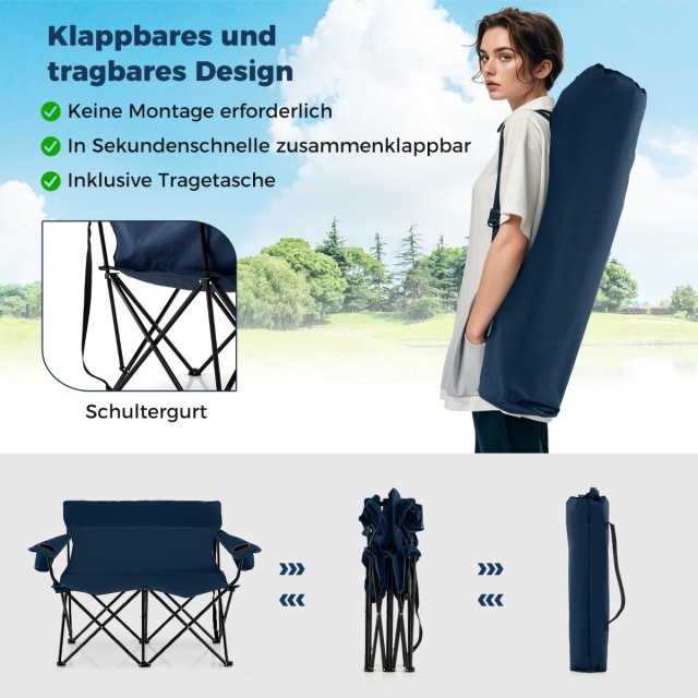 Costway Διθέσια Καρέκλα Camping 132x66x96 cm με Υψηλή Πλάτη και Πλατιά Μπράτσα & Τσάντα Μεταφοράς Μπλε NP12404BL