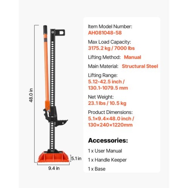 VEVOR Γρύλος Υψηλής Ανύψωσης 3.18 Τ 122cm με Βάση για Τρακτέρ και Ο...