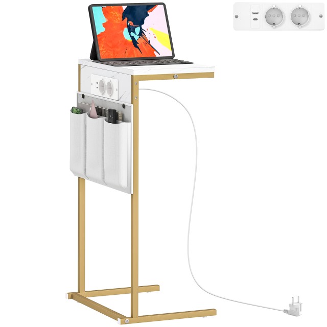 HOMCOM Τραπεζάκι Σαλονιού C Μάρμαρο με Ρεύμα & USB, Λευκό, 50x30x60 εκ. 83B-320V90WT