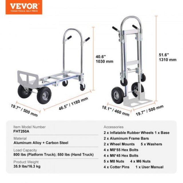 VEVOR Αλουμινένιο Καρότσι 2 σε 1, 800 lbs, Βιομηχανικό Καρότσι & Πλ...