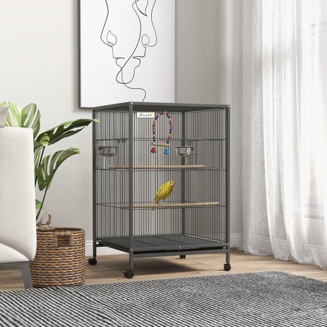 PawHut Bird Cage από ατσάλι και PP με 5 πόρτες, 2 κούρνιες και αφαιρούμενο δίσκο, 48x46x74 cm, γκρι D10-092V00CG
