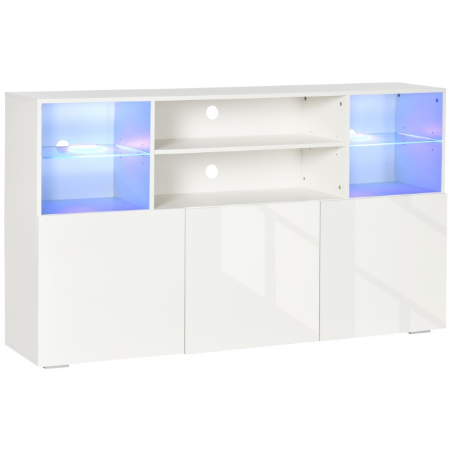 Έπιπλο τηλεόρασης HOMCOM έως 65 με φώτα LED και γυάλινα ράφια, 160x35x91cm, λευκό γυαλιστερό 839-566V90WT