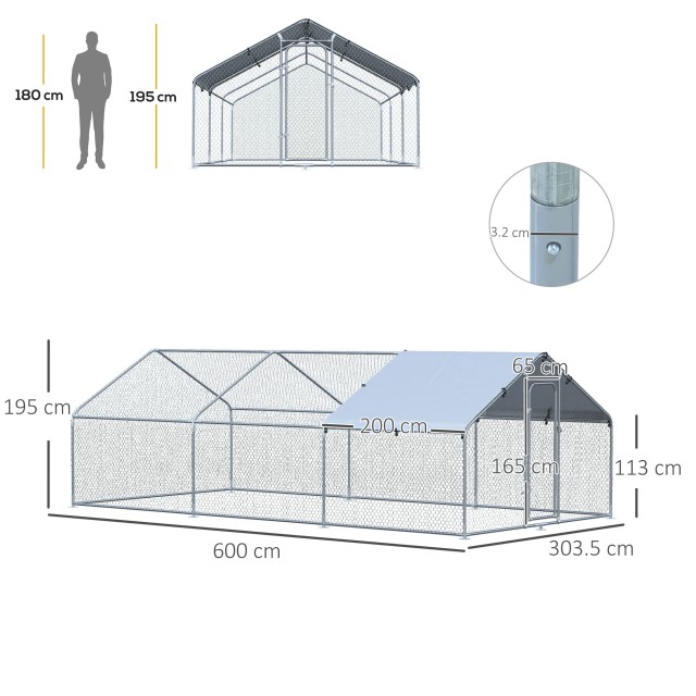PawHut Outdoor Metal Chicken Coop με υφασμάτινο κάλυμμα Oxford, 600x303,5x195 cm, Ασημί D51-139V08SR