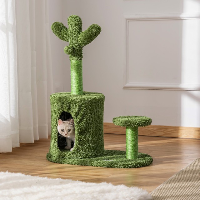 PawHut Cat Scratching Post Tree Έως 4,5 κιλά σε σχήμα Κάκτου με μπάλες και κρεβάτι, 60x35x78cm - Πράσινο D30-450