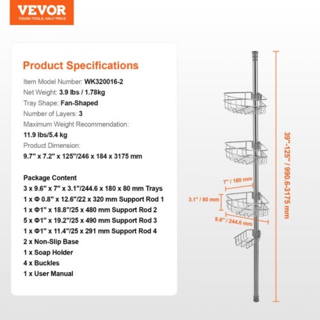 VEVOR  Γωνιακή Ράβδος Ντους 39-125 Αντοχής στη Σκουριά  SCTPYSBXGKK...