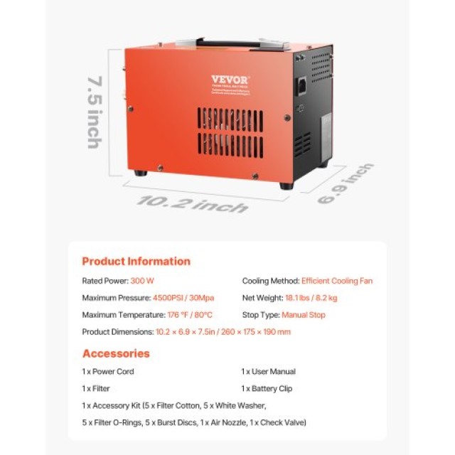 VEVOR Συμπιεστής Αέρα PCP 4500PSI για Αεροβόλα PCP με Ενσωματωμένο ...