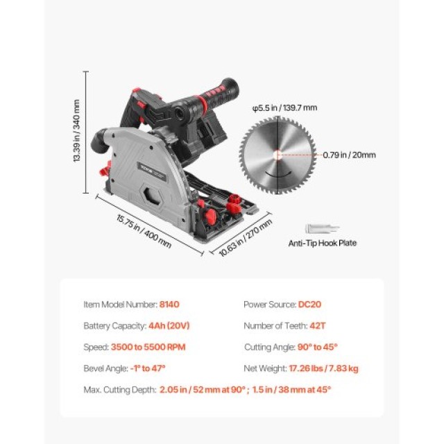 VEVOR Ασύρματο Πριόνι Βύθισης 5-1/2 20V (Μόνο Εργαλείο) ZLGDJDDC1G6...