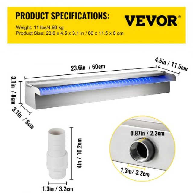 Καταρράκτης Πισίνας Vevor με LED Φωτισμό 23.6 x 4.5 x 3.1  PQSBJPJSWLED60001V2