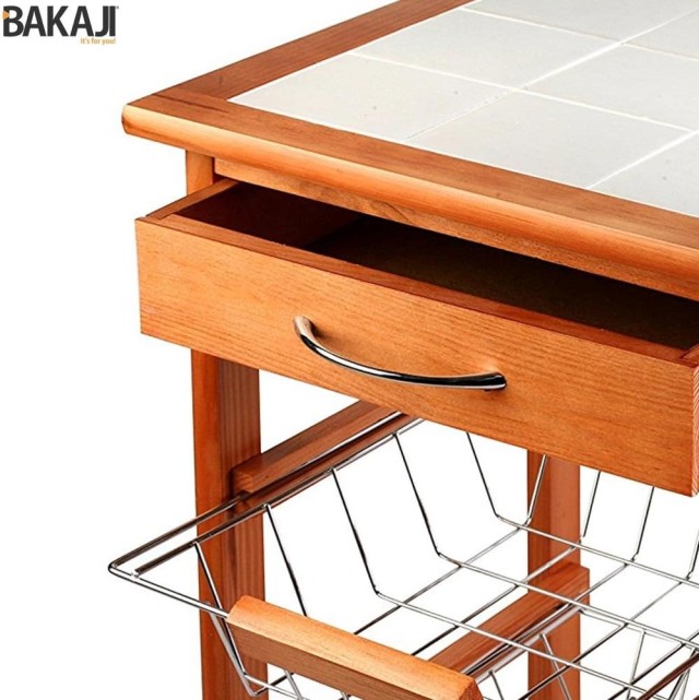 BAKAJI Ξύλινο Καρότσι Κουζίνας με 3 Μεταλλικά Καλάθια και Ράφι με 9...