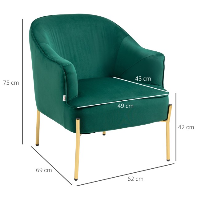 Πολυθρόνα κρεβατοκάμαρας HOMCOM από ύφασμα Velvet Effect με Ατσάλινα πόδια, 62x69x75 cm, Πράσινο 839-656V00GN