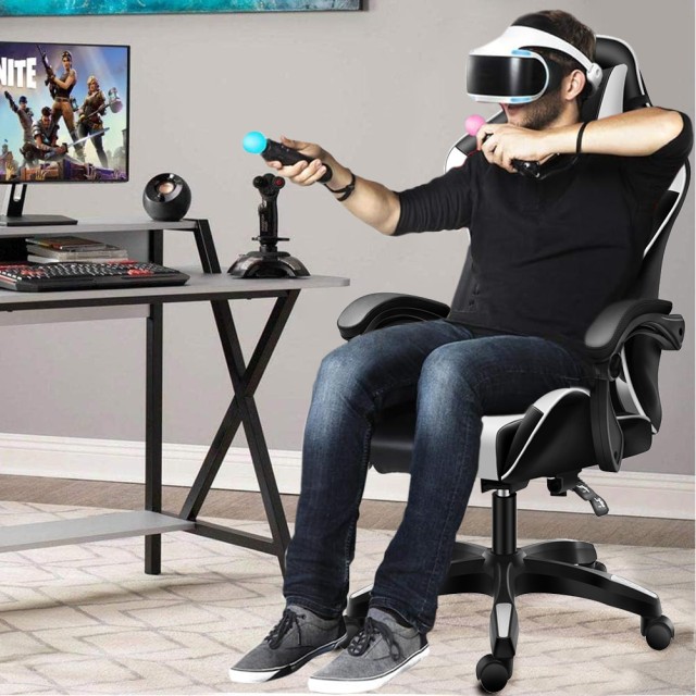 BAKAJI  Μαύρη και Λευκή Καρέκλα Gaming με Μαξιλάρι Στήριξης Κεφαλής και Οσφυϊκής Περιοχής Καρέκλα Γραφείου  02841596