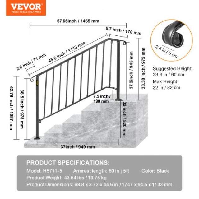 Σιδερένια Κάγκελα VEVOR για 4-5 Σκαλοπάτια, Μαύρα  LTFS4H5BHSTL00001V0