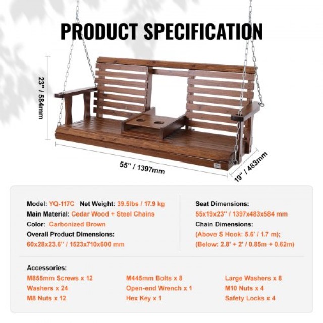 VEVOR Ξύλινη Κούνια Βεράντας 5 ft, Καφέ, 880 lbs, με Αλυσίδες Κρέμα...